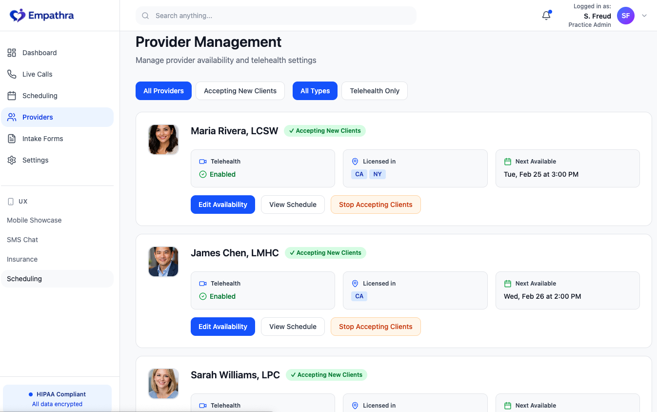 Empathra - Provider Management screen